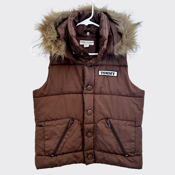 Tommy Hilfiger Jackets & Blazers - Tommy Jeans Vintage Brown Padded Vest Faux Fur Hood Removable Size S